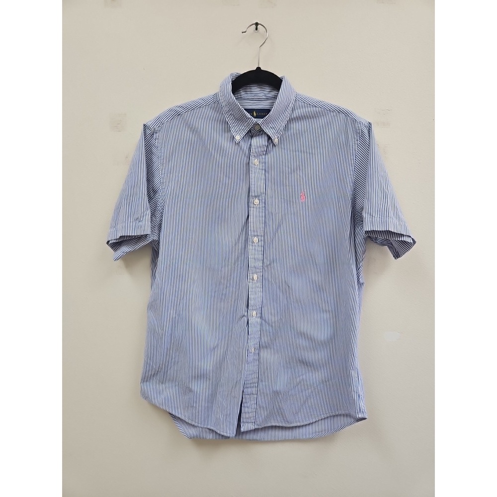 Polo Ralph Lauren Shirt Men Large Pink Pony Striped Short Sleeve Pocket